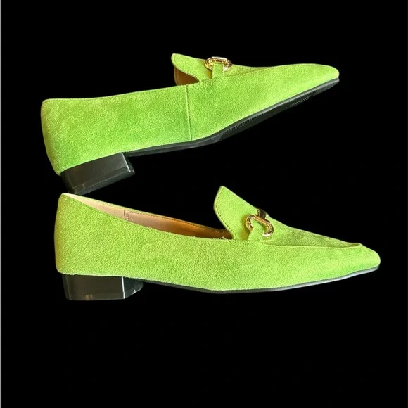 Green Pointy Toe Suede Loafers with Gold Horsebit Accent - Picture 3 of 6